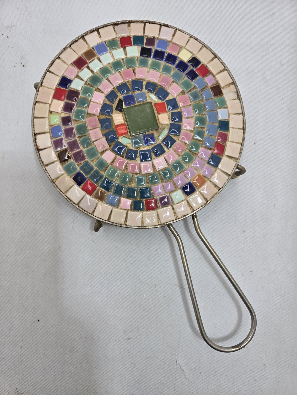 Vintage MCM Colorful Mosaic Tile Trivet Metal Wire Frame Handle Hot Pad Decor